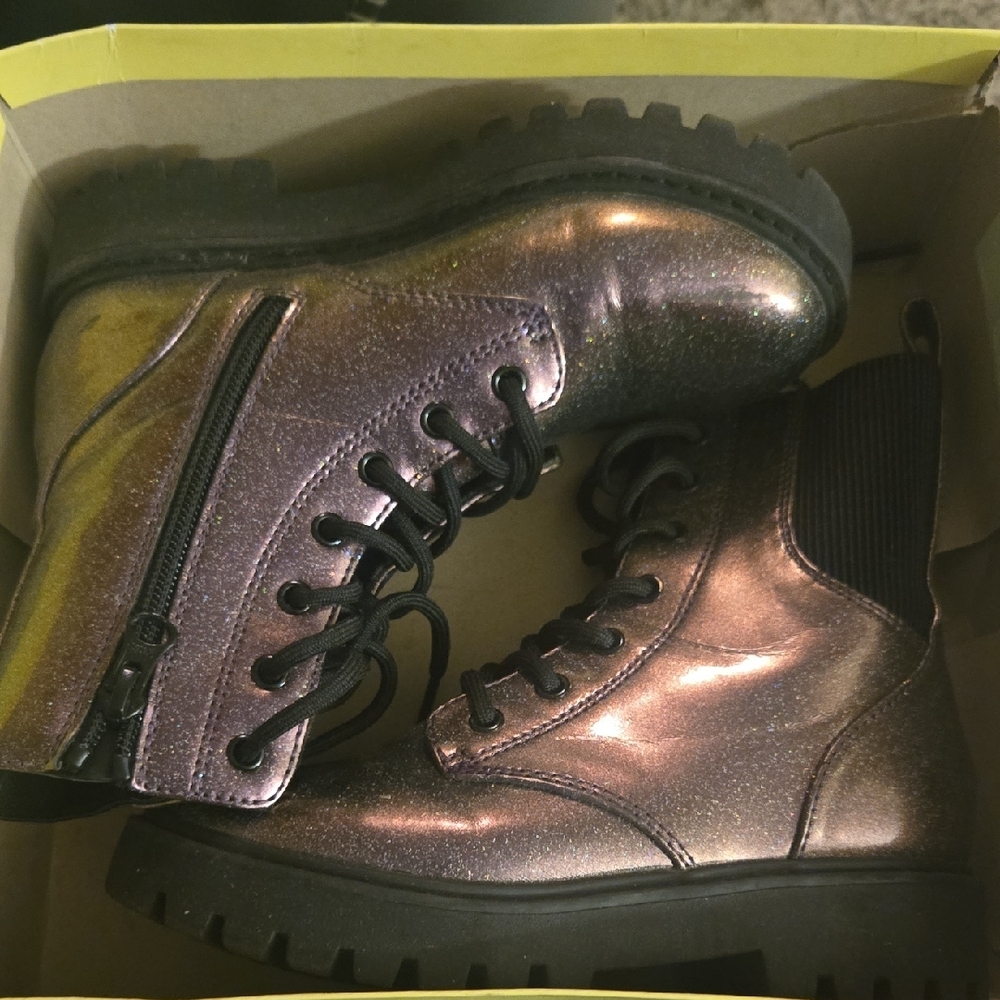 Silver Metallic Combat Boots with Lace-Up Design